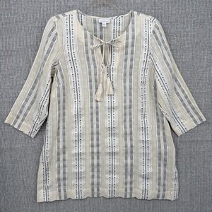 Pure Jill Elements Striped Tunic Top Sz S Tie Neck 3/4 Sleeve Boho Beige Coastal